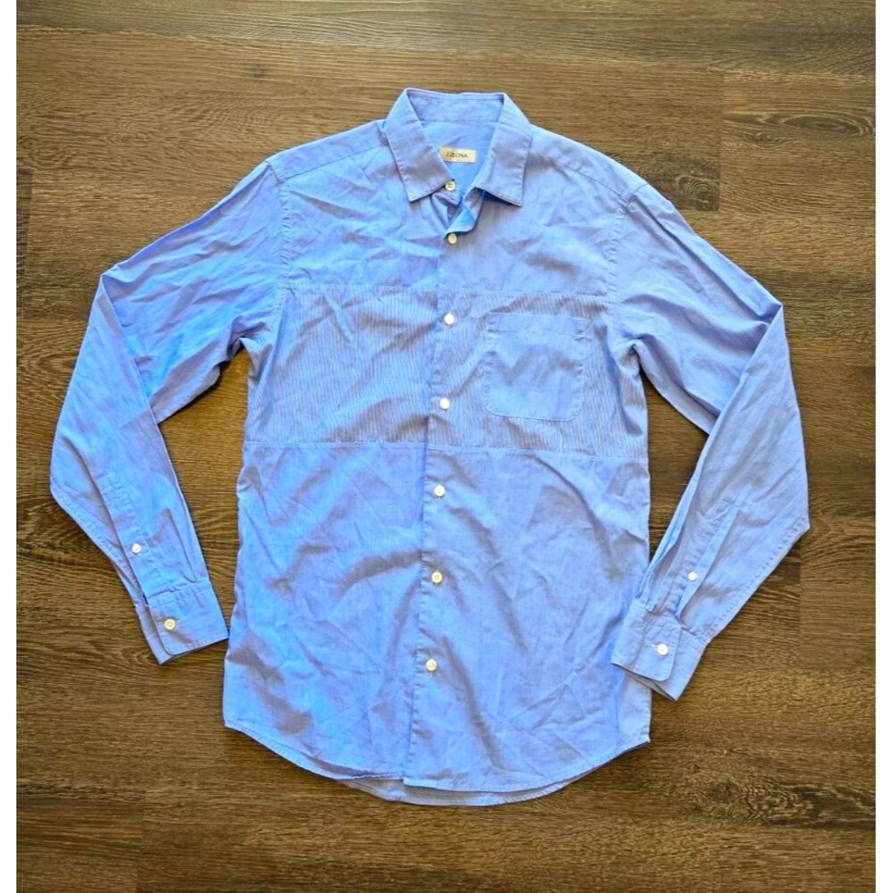 Z Zegna Striped Blue Slim Fit Long Sleeve Point Collar Cotton Button-Up M